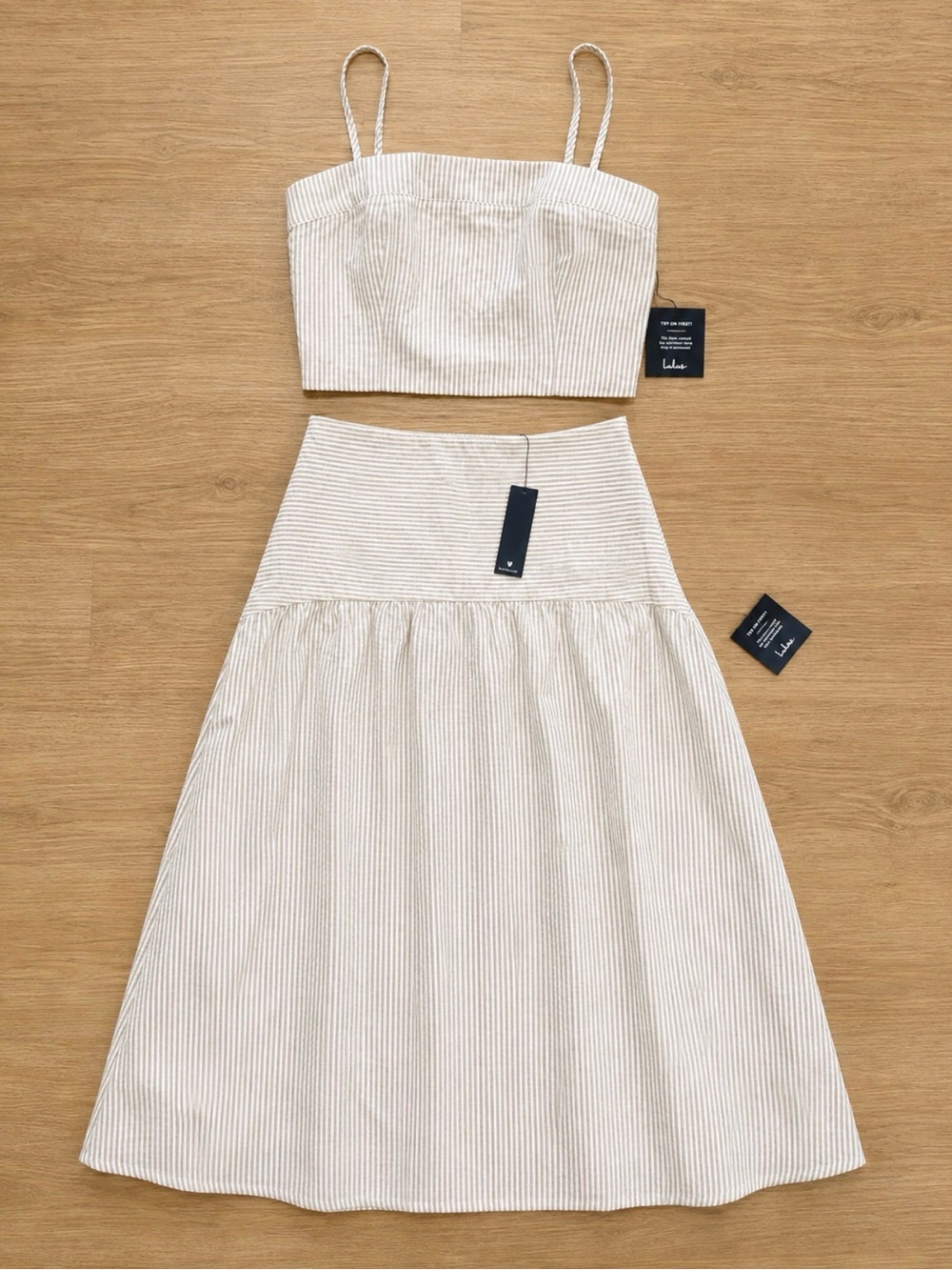 Lulu's Beige & White Striped A-Line Midi Skirt and Top